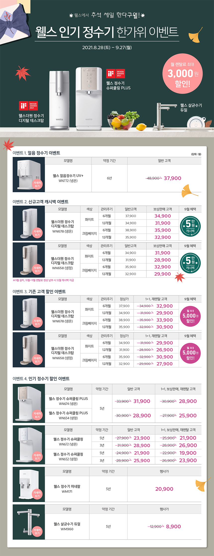 9월 웰스 인기 정수기 한가위 이벤트! 웰스에서 추석 세일 한다구월!